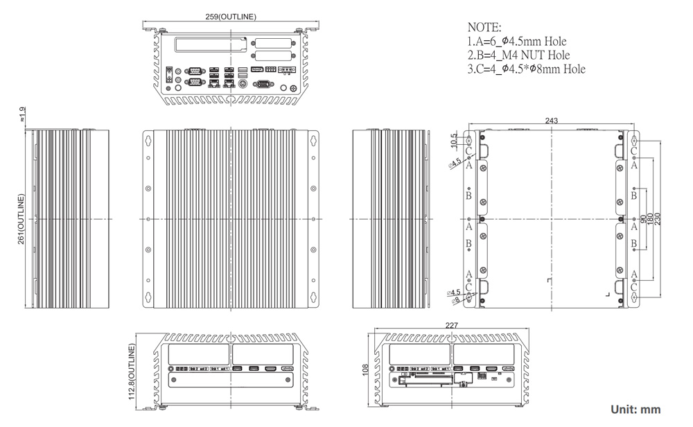 DS-1401-R10 Embedded PC Abmessungen DS-1401-R10 Embedded PC Abmessungen