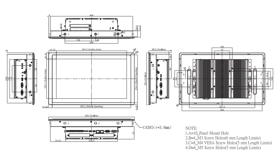 Panel PC CV-W115FHR-R10/P2202E-i3-R10 maße 2 Panel PC CV-W115FHR-R10/P2202E-i3-R10 maße 2