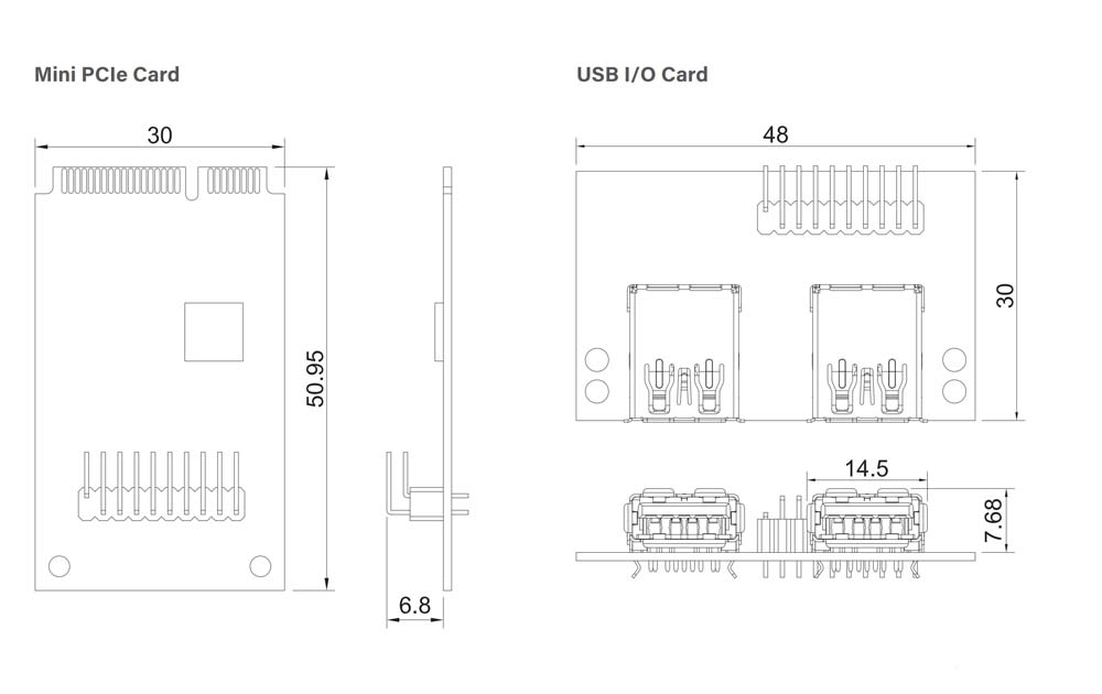 Mini-PCIe-Modul MEC-USB-M102-15 Skizze Mini-PCIe-Modul MEC-USB-M102-15 Skizze