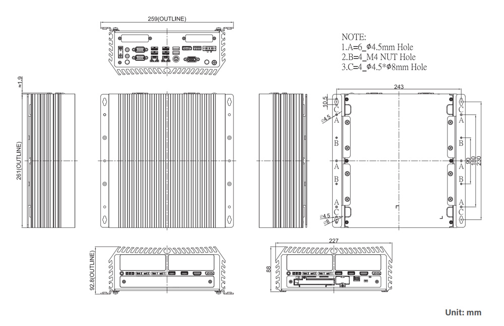 DS-1400-R10 Embedded PC Abmessungen DS-1400-R10 Embedded PC Abmessungen