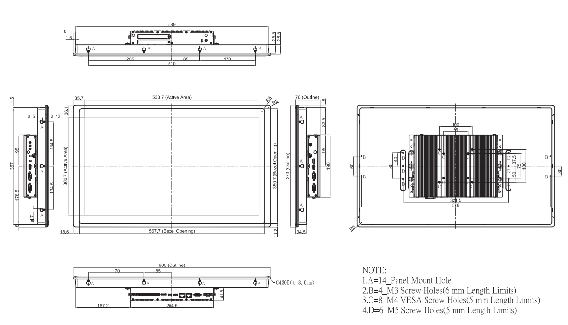 Panel PC CV-W124R-R10/P2202-i5-R10 maße2 Panel PC CV-W124R-R10/P2202-i5-R10 maße2