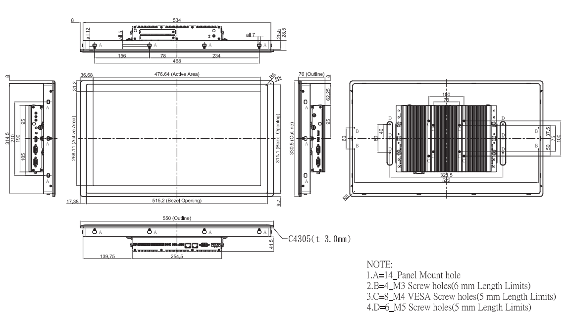 Panel PC CV-W121R-R10/P2202-i5-R10 maße2 Panel PC CV-W121R-R10/P2202-i5-R10 maße2